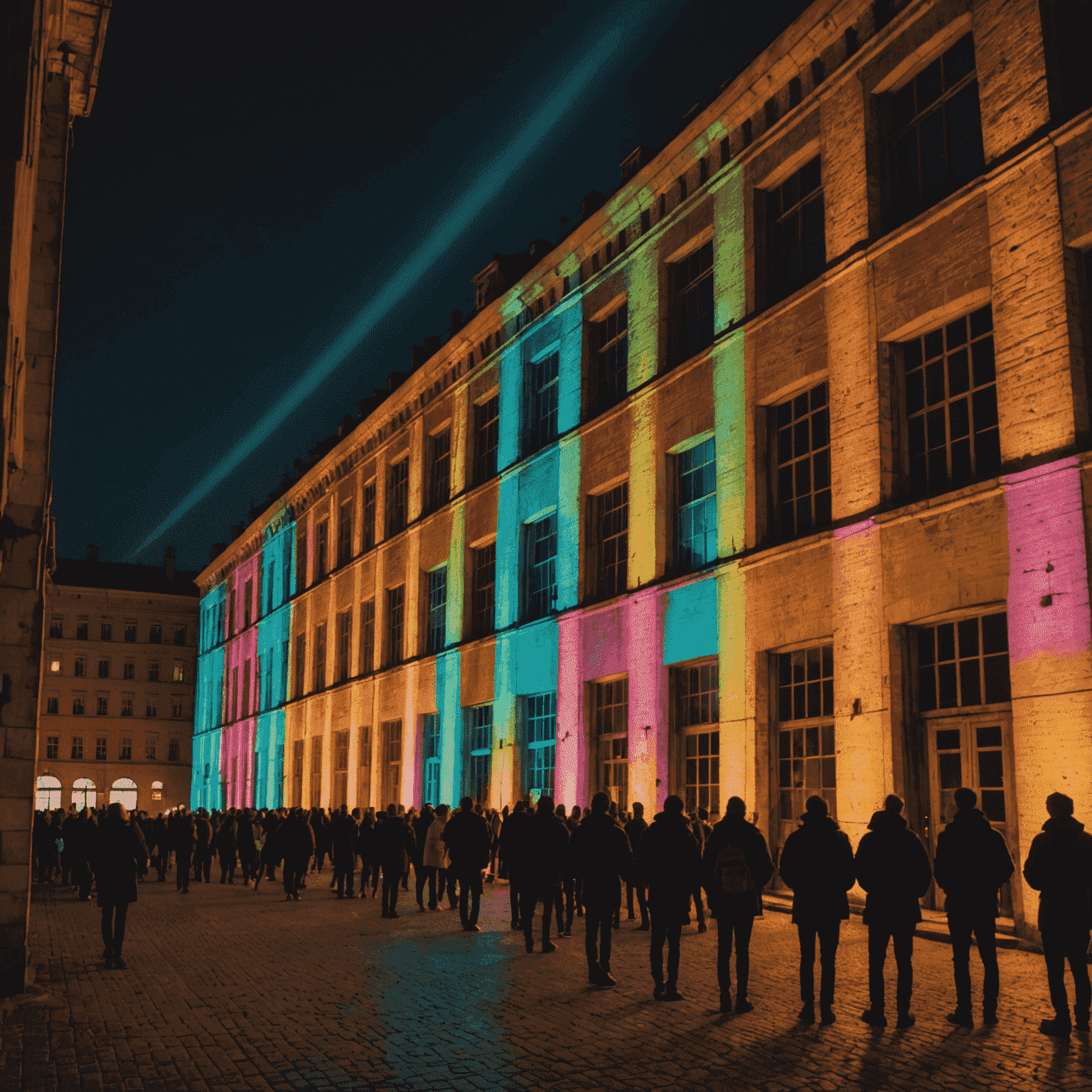 Kolorowe projekcje świetlne na ścianach starej fabryki w Łodzi, z tłumem ludzi podziwiających spektakl