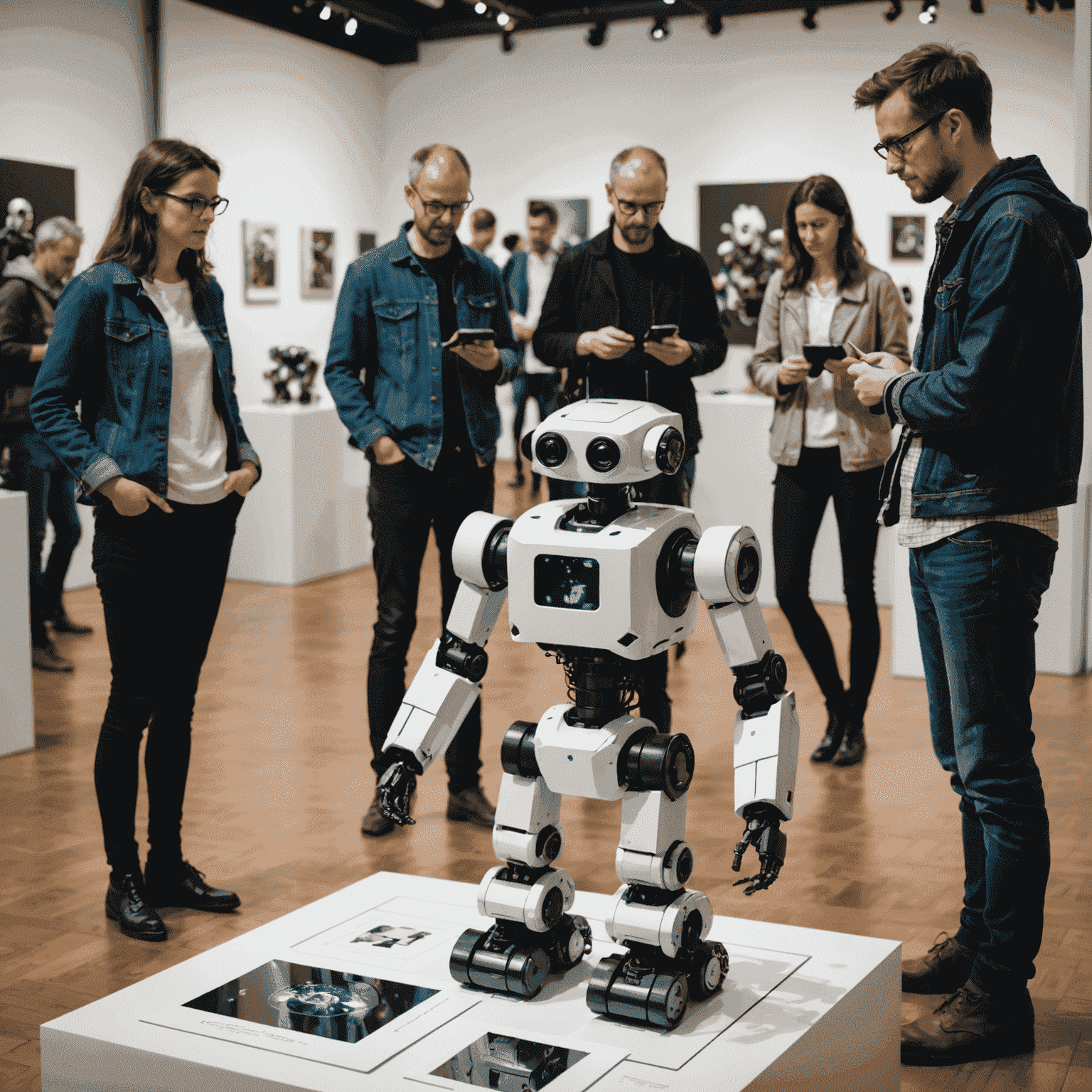 Wystawa robotów tworzących sztukę w Poznaniu, z zainteresowanymi widzami obserwującymi proces twórczy